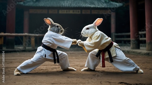Rabbit and boy in kimono fighting in the park.