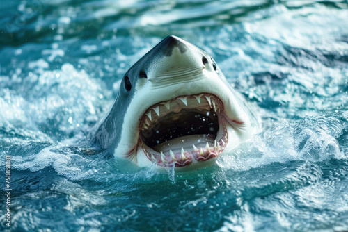 Shark with jaw open under water, shark with teeth