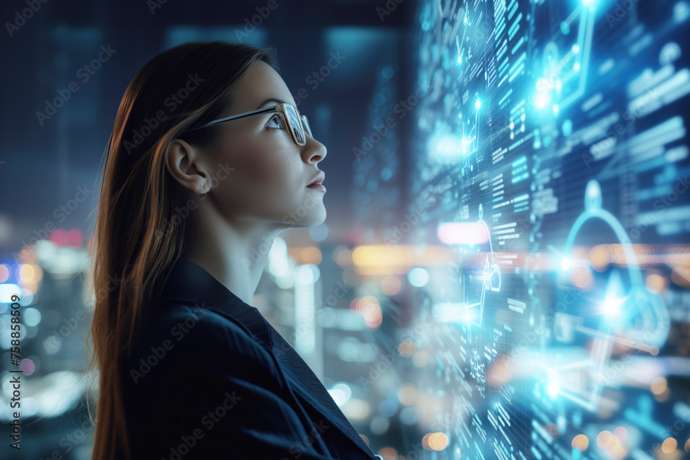 Naklejka premium Young businesswoman with virtual interface on city background. Future technology concept
