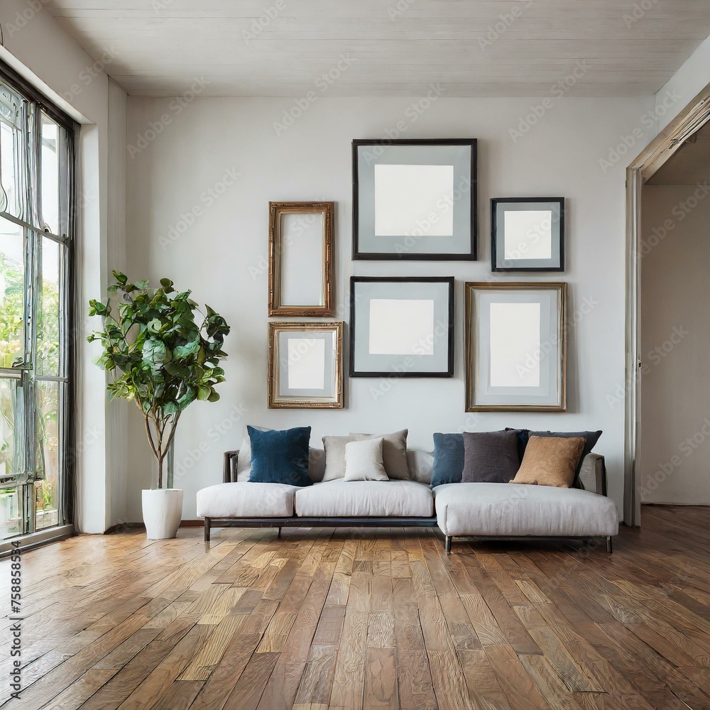 modern living room with gallery wall of empty frames