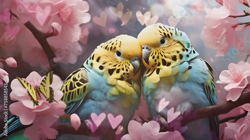 a pair of beautiful budgerigars. Seamless looping 4k time-lapse virtual video animation background


 photo