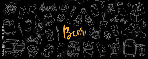Beer pub outline set. Barrels, cans, mugs, metal keg, bottle opener, sausages, tap, hop cone. Brewery factory production. Vector illustration.