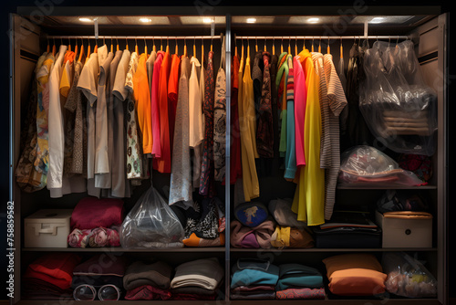 All things are folded neatly. Many boxes. Wardrobe with perfect order clothes in blue and light shades on the hangers and things in containers. The concept of organizers and cleanliness in the house