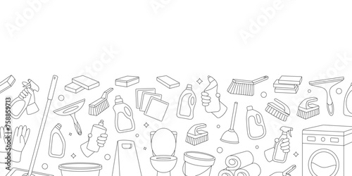 Cleaning banner. Toilet bowl, washing machine, floor mop, bucket, plunger, scoop, sponges, washcloths, brushes. Housekeeping service equipment.