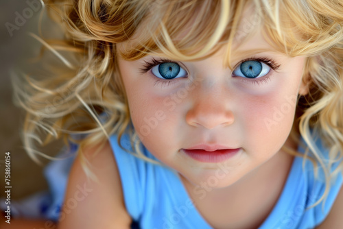 A closeup portrait of an adorable little girl with curly blonde hair and blue eyes, wearing a vibrant blue top