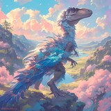 Striking, High-Definition Image of a Gigantoraptor Covered in Feathers against a Dramatic Sky Background