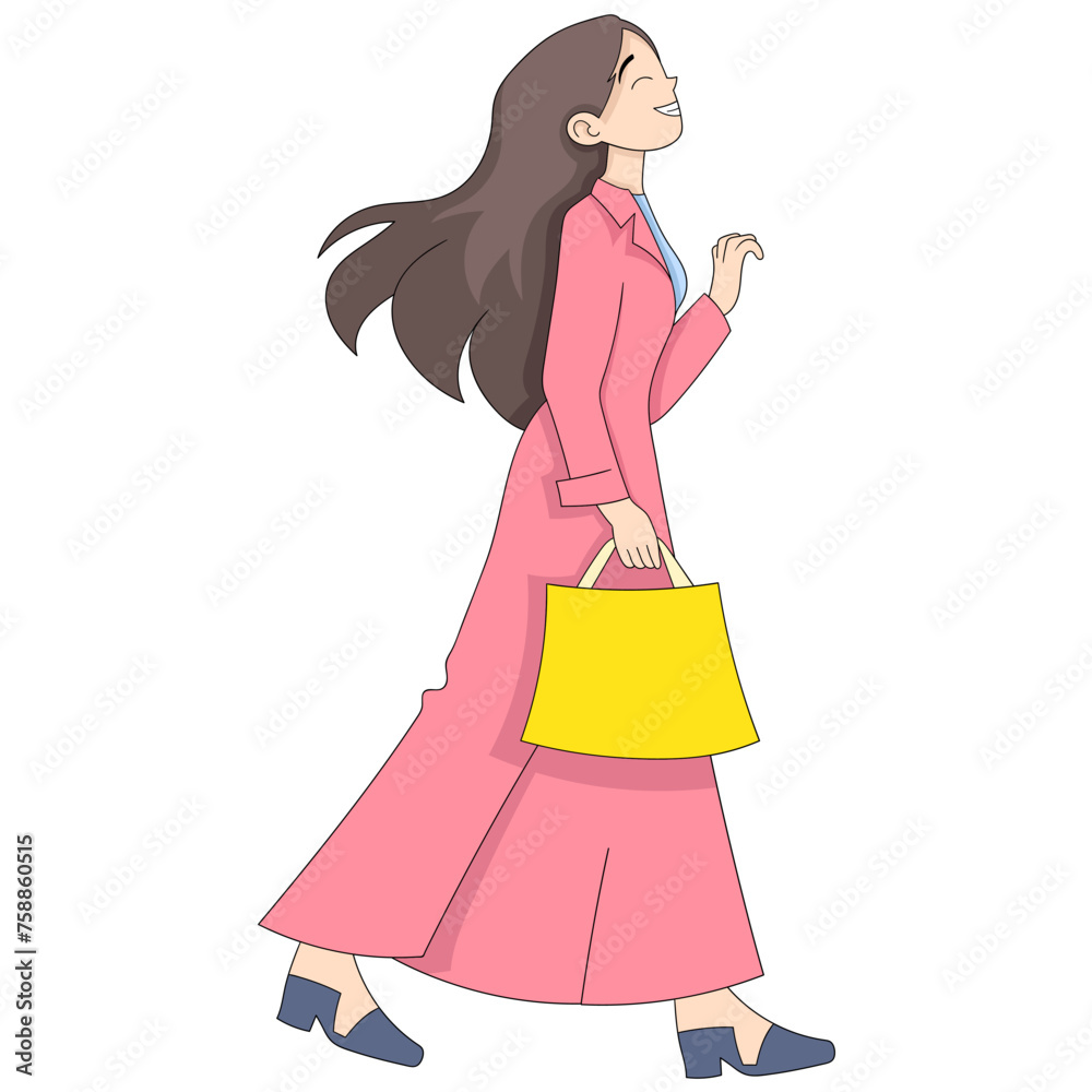 cartoon doodle illustration of women's activities, happy girl walking, feeling carefree and free from shopping