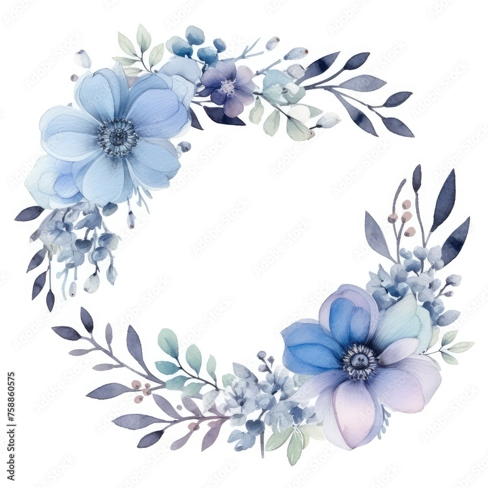 Fototapeta premium Elegant Watercolor Floral Wreath Featuring Blue and White Blooms With Foliage Accents