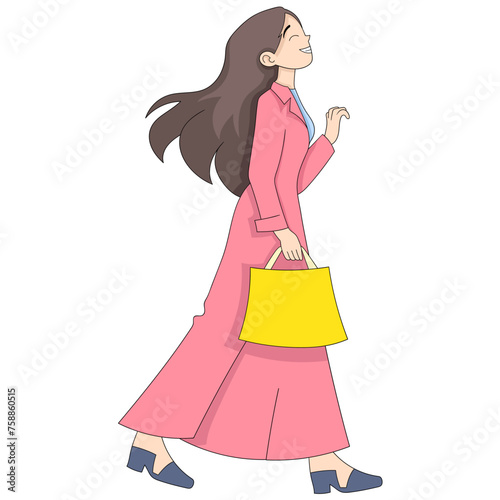 cartoon doodle illustration of women's activities, happy girl walking, feeling carefree and free from shopping