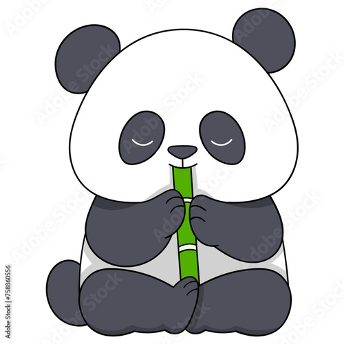 doodle illustration of a cute cartoon animal, a cute panda is sitting chewing bamboo
