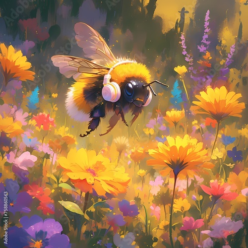 Buzzing Energy: A Stylish Bee Takes a Joyful Journey Through an Electric Jungle