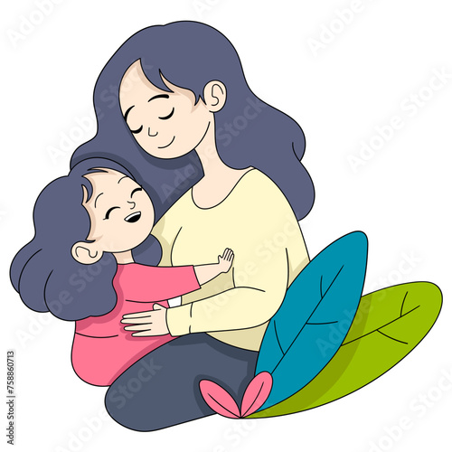 Mother's Day cartoon doodle illustration, mother and daughter hugging and loving each other © Popular Vector