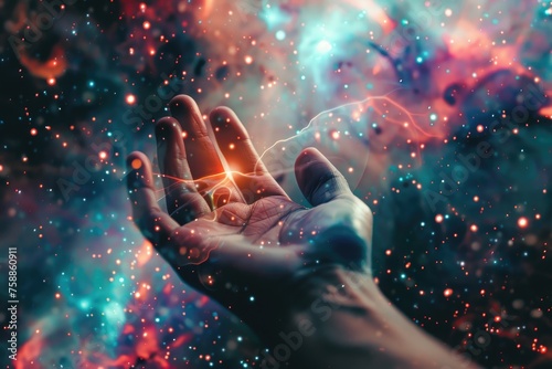 Conceptual design of a hand extending from a galaxy. Touch of human hands against the background of cosmic energy. by AI generated image photo