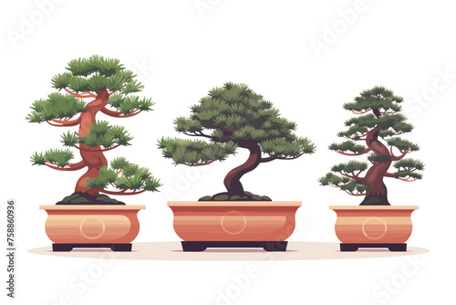 Set of bonsai Japanese trees grown in containers. Decorative little tree vector illustration. Nature art