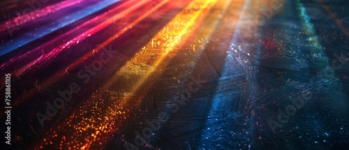 Dark abstract background with leaking rays of rainbow coloured light.
