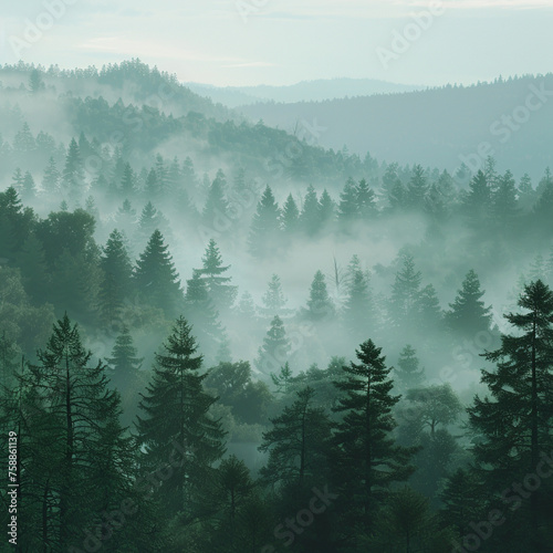 A lush green forest with a thick canopy of trees. The trees are tall and dense, creating a sense of seclusion and tranquility. The foggy atmosphere adds to the overall mood of the scene