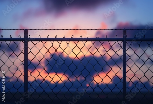 The silhouette of a barbed-wire fence with a blurred sunset in the background.
