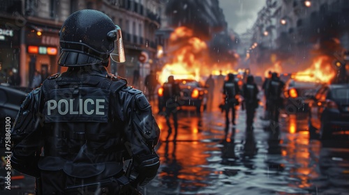 The police confront the crowd involved in the street riot. Angry protestors are violent, vandalizing buildings and vehicles. 