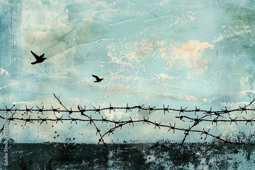 Barbed wire fence, birds flying in the background against a clear blue sky. Concept of the hope of freedom. photo