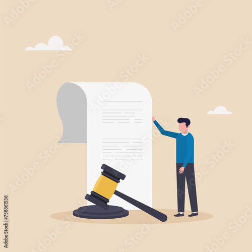 Law and decision approval document concept, lawyer holding document with gavel, court or decision symbol. Legal document, professional title of lawyer or judge.
