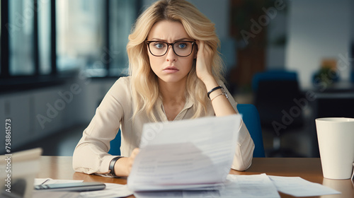 Stressed young blonde businesswoman focusedly scanning important document at office desk , disbelief face. photo