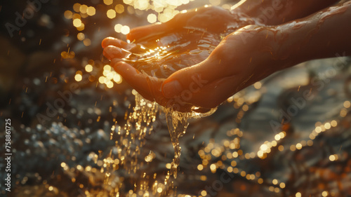 Sunlit hands cup water, capturing the golden essence of life's simplicity and purity. photo