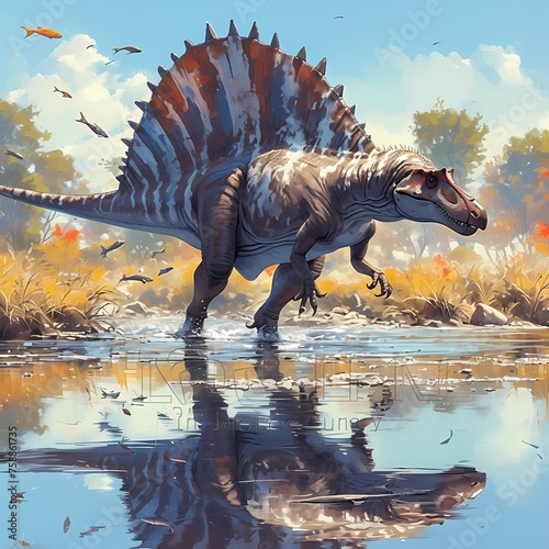 Explore the Prehistoric Jungle: A Captivating Stock Image of a Spinosaurus Wading Through Shallow Waters © RobertGabriel