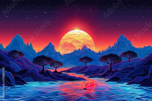 A psychedelic vector illustration of an island with trees and mountains  the sun setting behind them