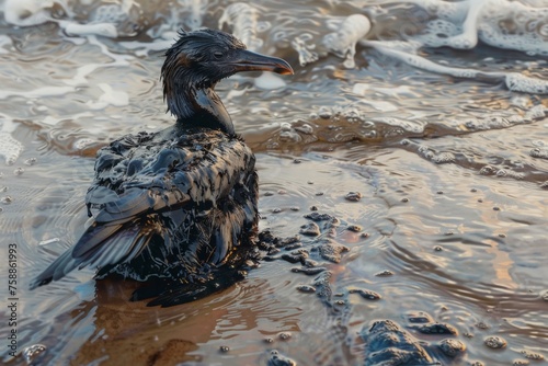 Bird is covered by oil on the beach of the sea photo