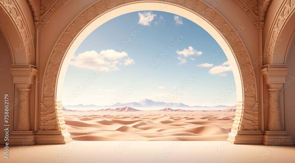 a desert landscape with a arched window - obrazy, fototapety, plakaty 