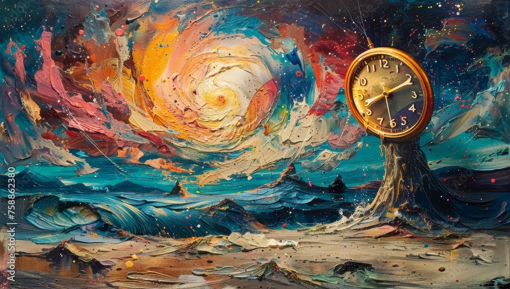 A surreal painting of a melting clock, its hands spinning in the wind against a backdrop of swirling colors and distorted landscapes, symbolizing broken time and reality. 