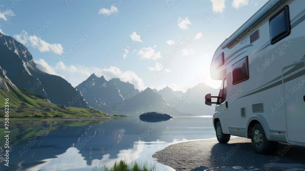 An RV parked beside a serene lake, with majestic mountains reflecting in the calm water at sunrise. An RV parked beside a serene lake, with majestic mountains reflecting in the calm water at sunrise.