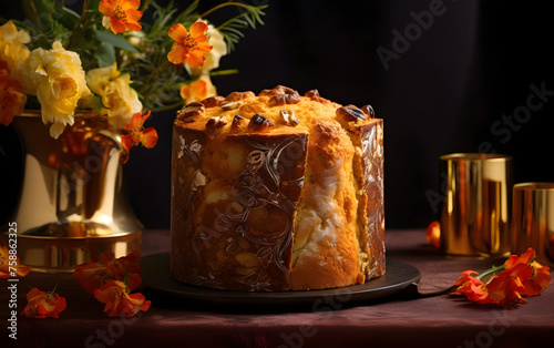 Golden panettone with delicate flowers