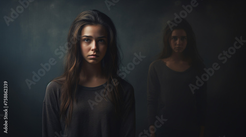 Shame on the face of a young woman standing over an dark isolated background.