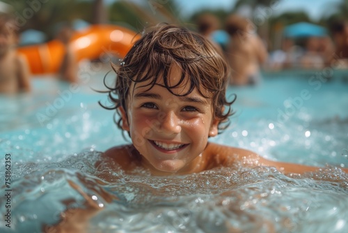 Young Boy Smiles Swimming in Pool