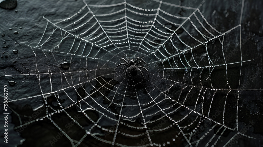 Spider web silhouette against black wall halloween theme dark background. Generative AI