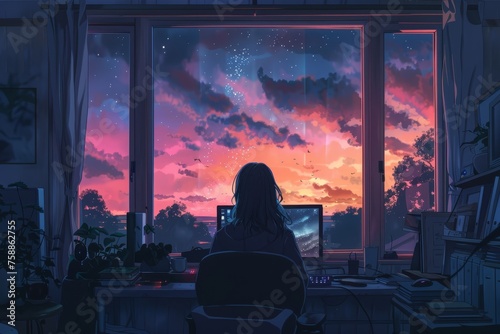 Girl sitting at her desk in front of the computer, looking out through window in anime style with lofi vibes