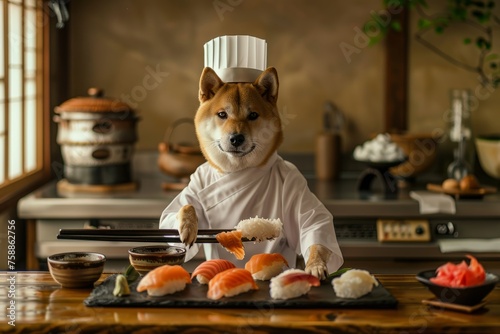 Shiba inu dog dressed as sushi chef working at restaurant kitchen, holding rice and fish with chopsticks photo