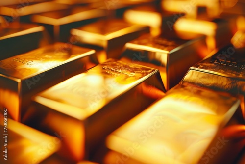 Closeup of shiny gold bars arranged in a row with blurry background