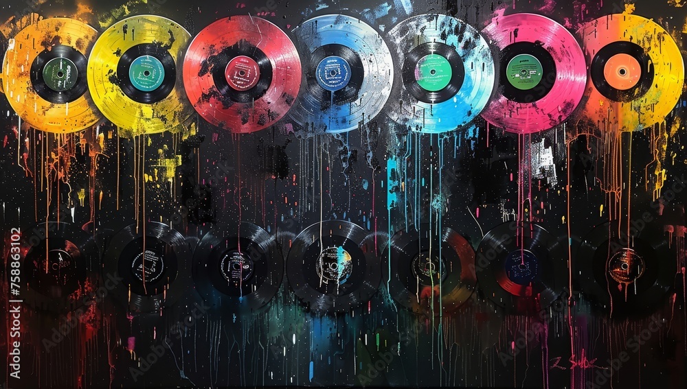 A graffiti-style painting of colorful vinyl records with drips and splatters, creating an abstract pattern on the wall.