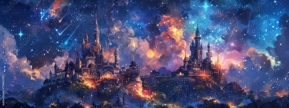 A grand castle under the starry night sky, with vibrant constellations and shooting stars 