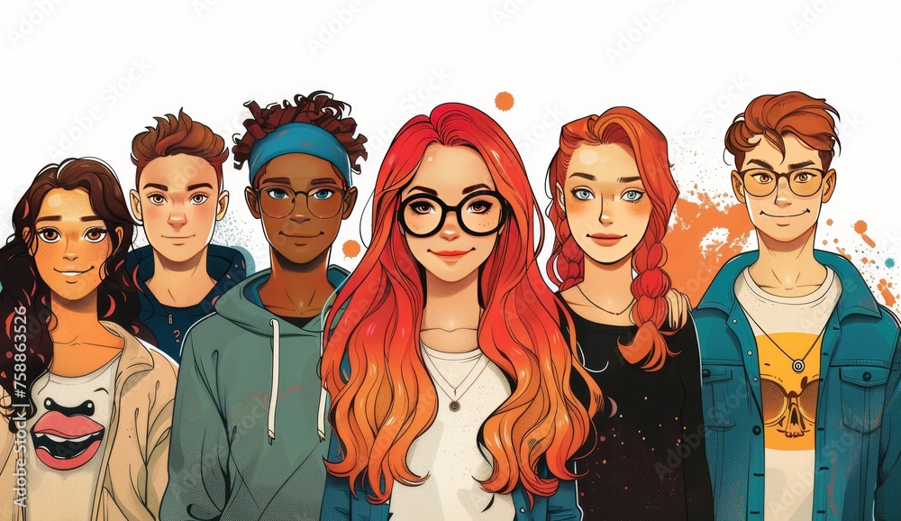 A group of young people are smiling in a flat illustration style that is colorful with black outlines and white background. 