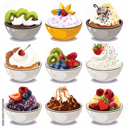 Clip art illustration with various types of Bingsu on a white background.