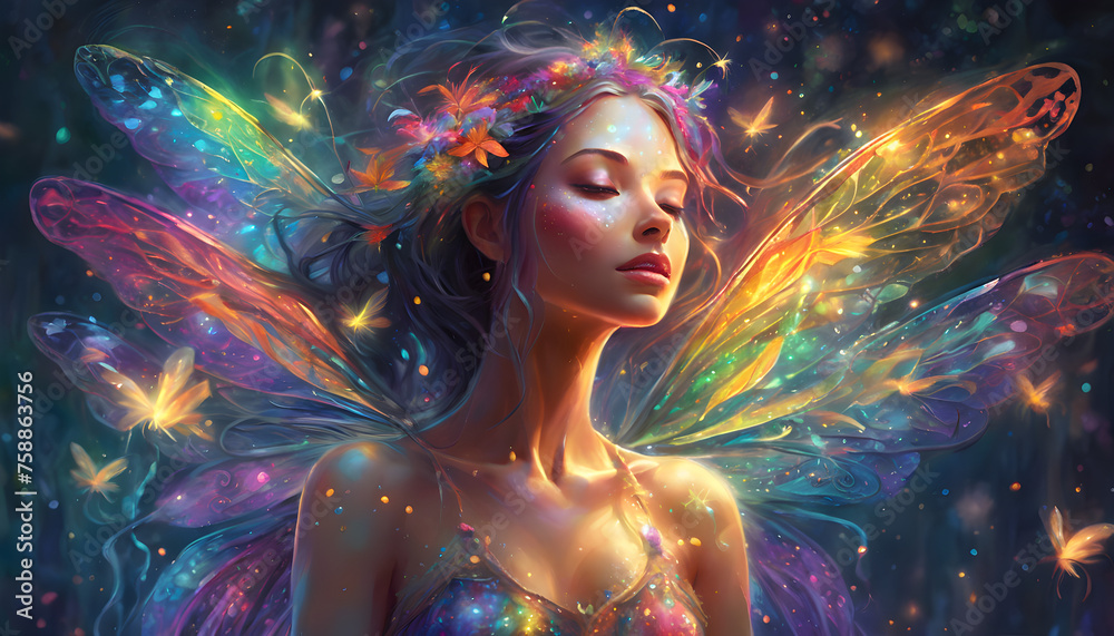 An Astral fairy with colorful wings  nymph Enchanting Amidst Fireflies, Fantasy art, Generative AI - obrazy, fototapety, plakaty 