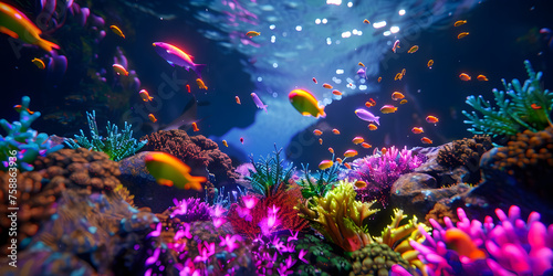 Underwater neon rave, colorful fish and corals with dynamic light effects © Abstract Delusion
