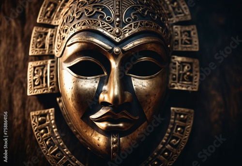 Mysterious ancient mask, with light and shadow playing over intricate textures, evoking a cinematic feeling