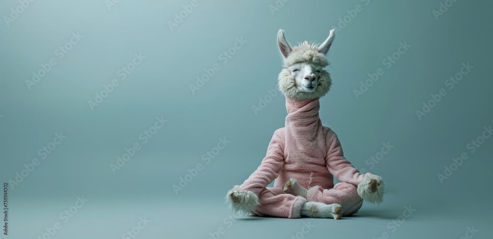 Fototapeta premium Alpaca dressed in yoga attire, meditating crosslegged with its peaceful expression on the alpaca's face.