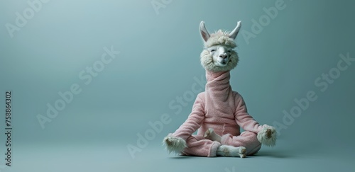 Alpaca dressed in yoga attire, meditating crosslegged with its  peaceful expression on the alpaca's face. photo