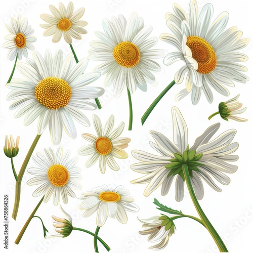 Clip art illustration with various types of  daisy  on a white background.
