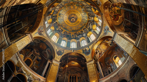 Fish-eye lens perspective underneath the domed ceiling of an ornate Byzantine basilica, golden mosaics covering every surface,